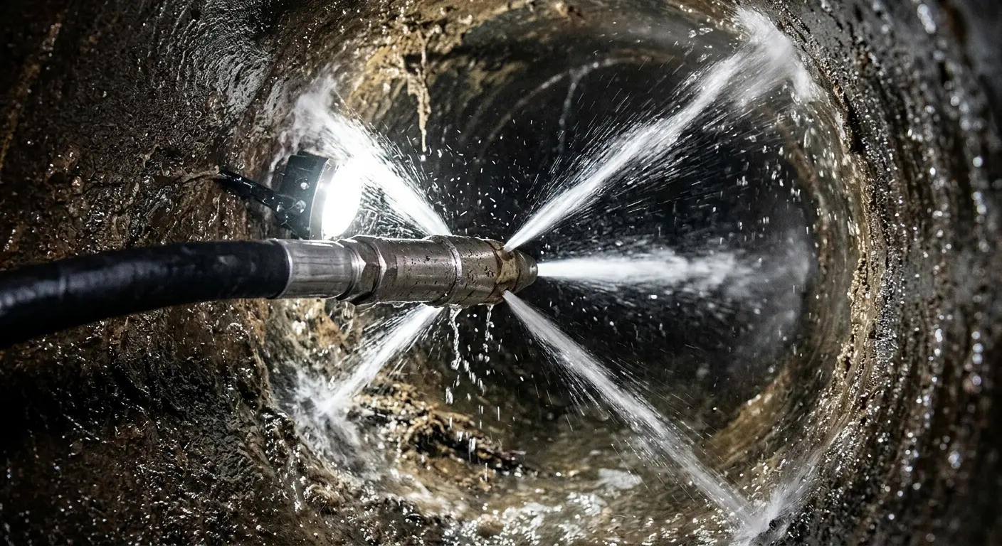 High-pressure hydro jetting nozzle cleaning sewer pipe for Trenchless Sewer Repair in Souderton