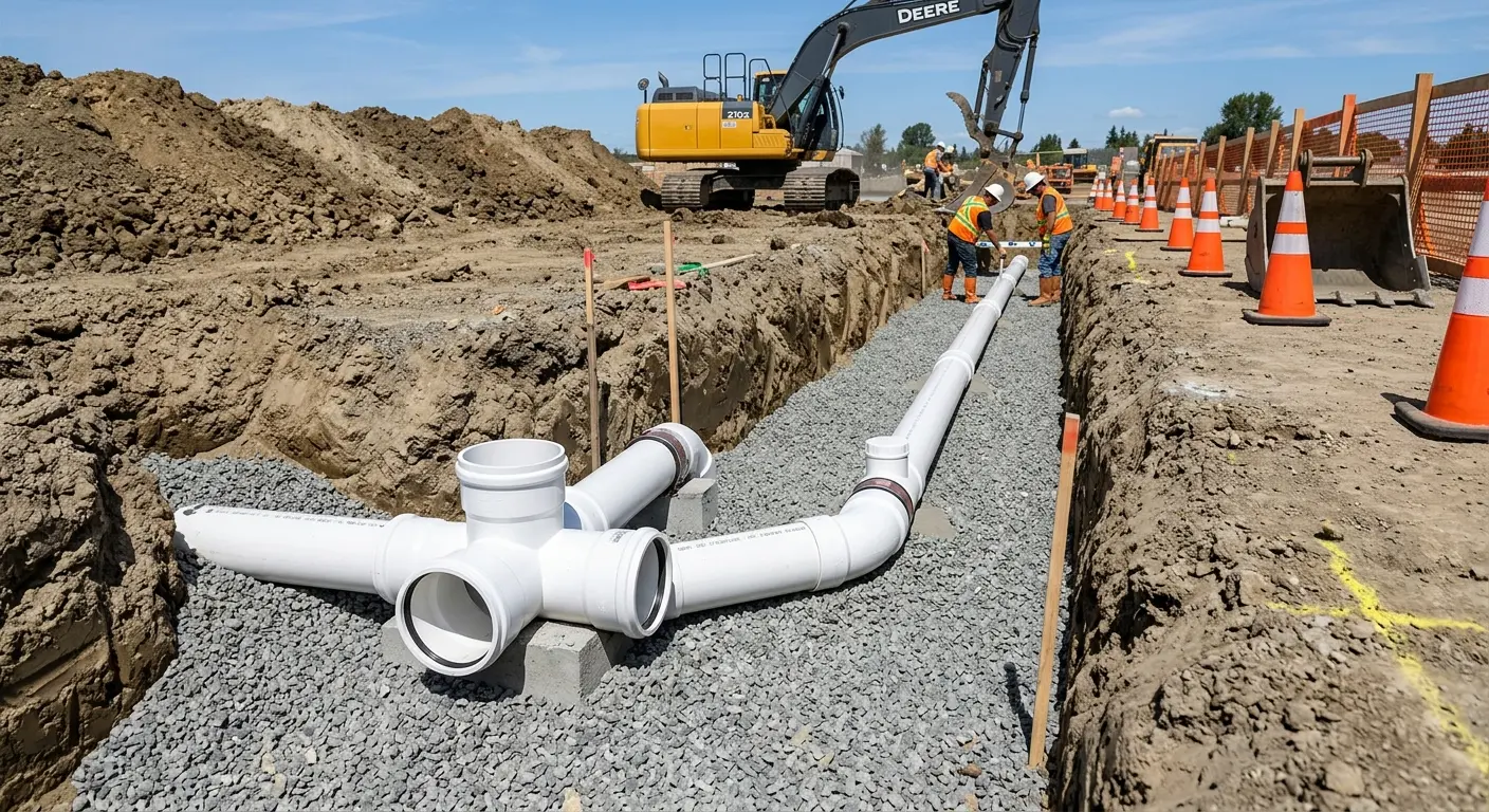New PVC sewer pipe installation in open trench for Commercial Drain Cleaning in Souderton