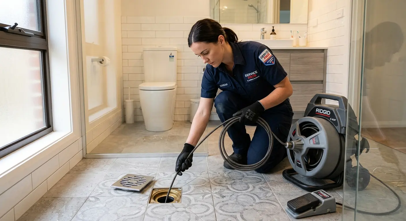 Technician clearing a bathroom floor drain for Drain Cleaning in Souderton